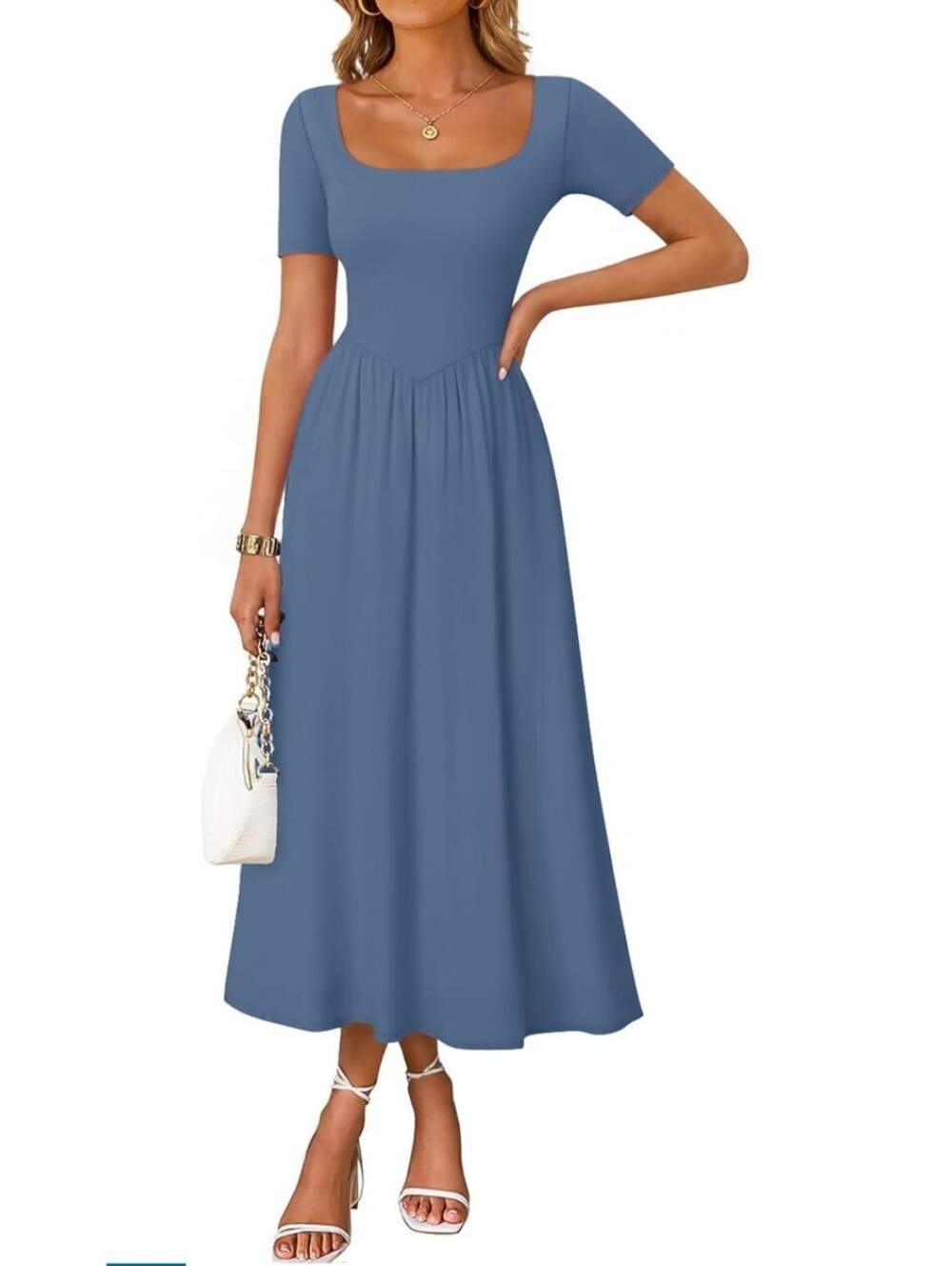Dusty Blue Summer Dress Small Women Square Neck Short Sleeve Flowing Midi Size S